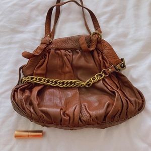 Linea Pelle brown leather shoulder bag with brass chain detail